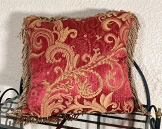 Fringed burgundy and gold pillow 14"