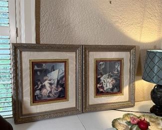 Pair of large framed cherubs painting and sculpting 23" x 20" 