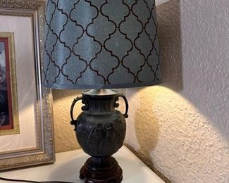Metal Greek mythology urn lamp with barrel shade 22"H x 12"W