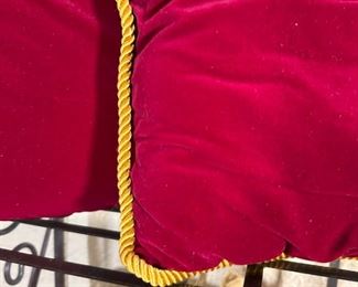 Pair of velvet-like pillows with gold rope edging 14"
