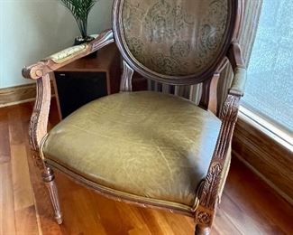 Leather arm chairs with embossed leather back, 27"W x 32"D x 39"H,  $128 each