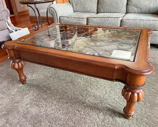 Glass and metal top wooden coffee table, 36" x 50" x 19"H,  $235