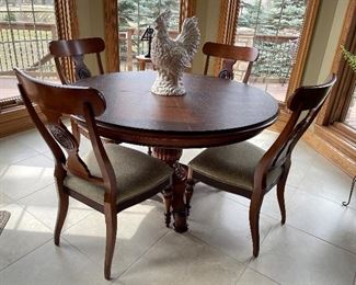 Ethan Allen, Round Table w/ 20"W leaf, protective pads + 4 chair( 22"W x 19"D  x 40"H),   table - 56" diameter, $795