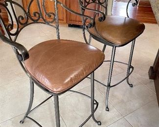 Ethan Allen Pair of metal & leather seat swivel bar stools,  19"W x 22"D x 45"H,  29" seat height,  $135