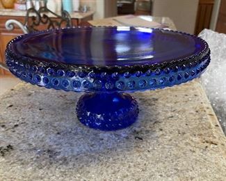 L E Smith Cake Plate Blue Cobalt Hobnail Glass Pedestal Wedding Stand 1960s Vtg,  11" diameter x 5"H,  was $299  , NOW $215                      