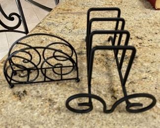 Black metal napkin holder, $4(SOLD).  Black metal plate rack,  was $7, NOW $5
