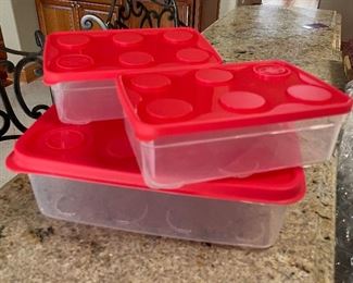 3 piece Artic Zone stackable red top food storage containers, One 12" x 9", Two 8.5" x 5.5",  $7