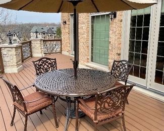 Outdoor round table + 4 chairs w/cushions + umbrella & umbrella stand, 60" diameter x 29"H,  $795