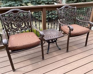 Outdoor arm chairs and table, 25" x 20" x 35"H,  table 20" x 20" x 17"H,  $195
