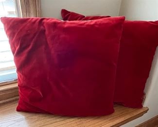 2 Pottery Barn red velvet pillows, 18" x 18", was $28, NOW $20