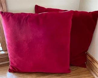 2 Pottery Barn red velvet pillows, 22" x 22", was $30, NOW $20