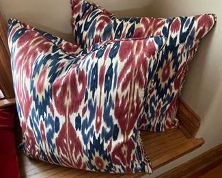 Pair of red & blue flamed stitch pillows, 19" x 19", was $20, NOW $14