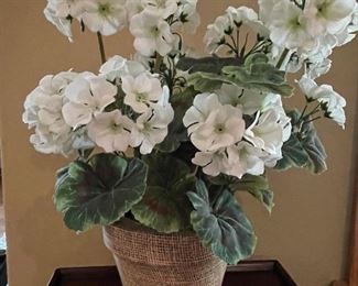White faux geranium potted plant,  17"H,  was $12, NOW $10