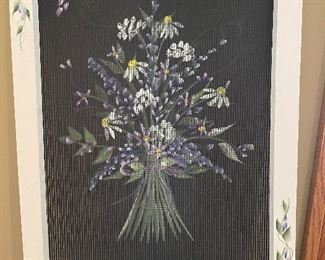 Painted floral on a screen, 16"W x 22"H,  was $30, NOW $20