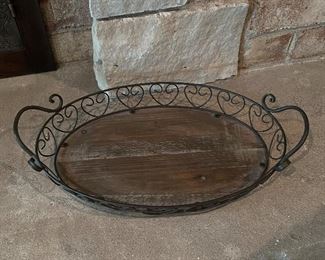Oval wood & metal tray, 17" x 10",  was $10, NOW $8