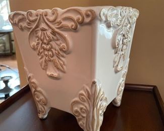 White & beige  ceramic planter, 8" x 8" x 8",  $12