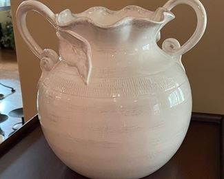 White ruffled edge jar w/handles - 2 available -,  10"W x 9"H,  $14 each