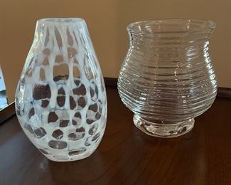 Small white leopard print vase, 6"H,  was $8, NOW $6.  Small ribbed glass votive holder, 6"H,  was $4, NOW $2