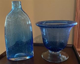 Blue bubble glass vase, 10"H,  was $9, NOW $7.  Blue bubble glass bowl, 6.5"H,  $9 (SOLD)