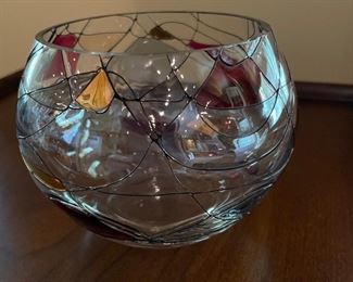 Glass votive holder with gold and red glass,  5" diameter x 4"H, was $6, NOW $4