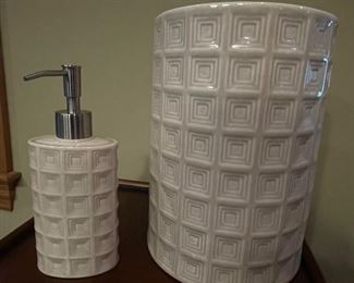 Decorative cream color ceramic wastebasket and soap dispenser,  $20