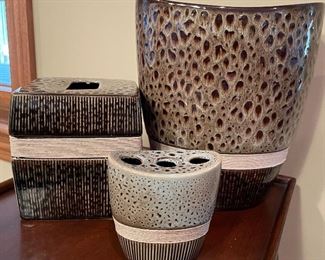 Matching wastebasket, kleenex holder and toothbrush holder bathroom set,  $32