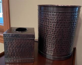 Hammered copper wastebasket and tissue holder set,  $19