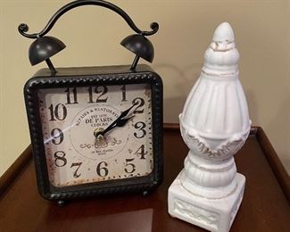 Black table top clock, 6"W x 9"H,  $12(SOLD).  White finial, 9"H, was $10, NOW $8