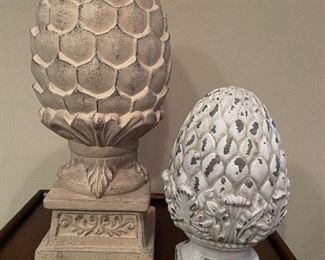 Large pine cone finial, 14"H,  $20. (SOLD) Small white distressed pine cone finial, 9"H, was $14, NOW $10