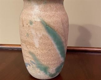 Decorative beige & teal pottery vase, 3" diameter x 6"H,  $10