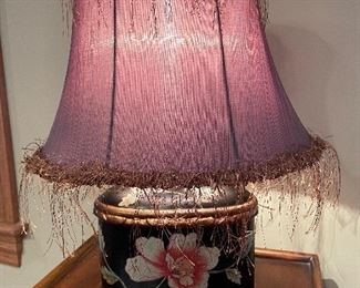 Small black floral lamp with fringe lamp, 16"H x 16"W, $32
