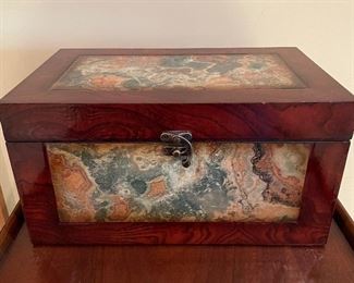Wooden box with green/coral inlaid sides, 11"W x 7"D x 6"H,  $24