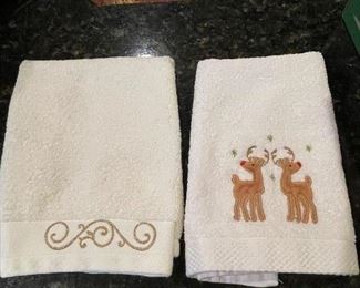 Two hand towels - gold flourish & 2 reindeer,  was $4, NOW $2