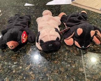 Bear, Ivory pug dog and black dog Beanie babies,  was $4 each, NOW $3 each