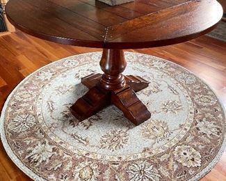   5' Round area rug. mint green/blue & brown,  $78               (Ethan Allen round wood pedestal table not for sale)    