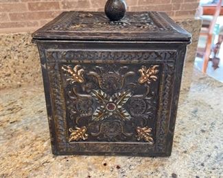 Metal decorative box,  Approx 6" H,  was $6, NOW $4