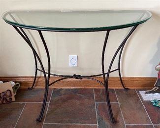 Demilune glass top and heavy iron table, 40.5"W x 16"D x 30.5"H,  was $195, NOW $155