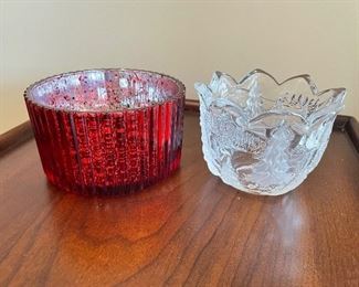 Red Hurricane glass bowl/votive holder, was $3, NOW $2, Clear glass votive holder, was $2, NOW $1