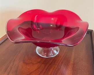 Red fluted dish, 5"H x 9"W,  was $7, NOW $5