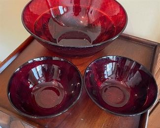 1 Large glass bowl, 10"D, and 2 small red glass bowls,  $10