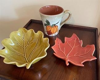 Pumpkin mug was $2, NOW $1,  Roscher Gold and amber leaf set,  was $8, NOW $5