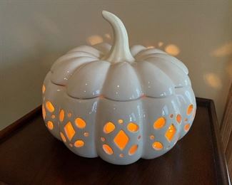Lighted white ceramic pumpkin, 9" x 10"H,  was $12, NOW $10