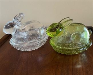 Clear and green glass rabbit candy dishes,  $5 each
