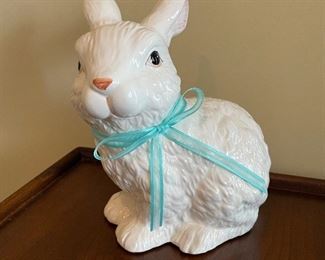 White Ceramic Rabbit w/ blue bow, 8" x 9"H,  was $6, NOW $5