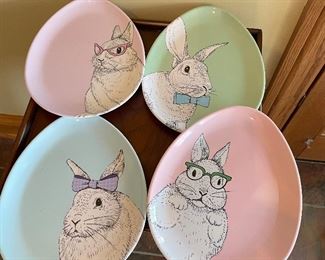 Set of 4 egg shape bunny plates, plastic, 8"W x 10"H,  was $7, NOW $5