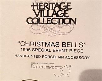 Dept 56 1996 Special Event Piece, "Christmas Bells",  $10