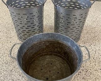 Vintage slotted metal pails w/ handles, 14"H,  $20 each.  Galvanized bucket w/handles (w/hole drains),  $15