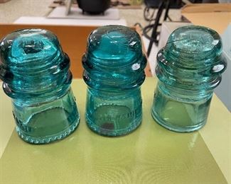 Set of 3 Antique blue -green glass telephone insulators,  was $15, NOW $10