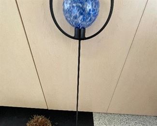 Staked gazing ball holder,  was $12, NOW $9.  Blue and white gazing ball,  6", was $10, NOW $8