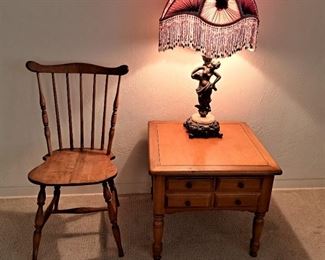 MAPLE SIDE TABLE AND CHAIR, ANOTHER ORNATE LAMP